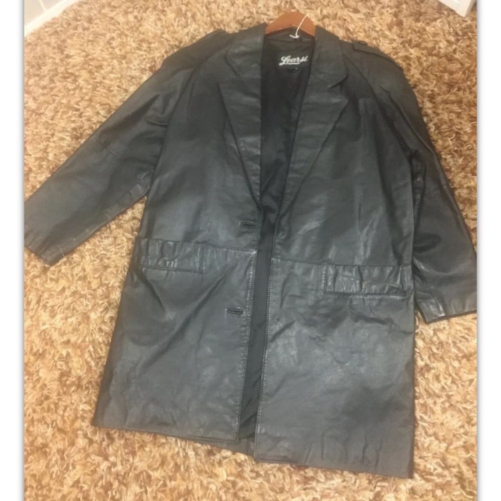 Learsi, men, jacket, long, leather, black,missing the buttons, 2pockets, SizeM.: